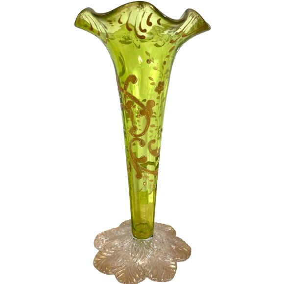 Vintage Signed Moser Art Glass Vase Ruffle Top Green Gold Gilt Good Condition - Picture 1 of 12